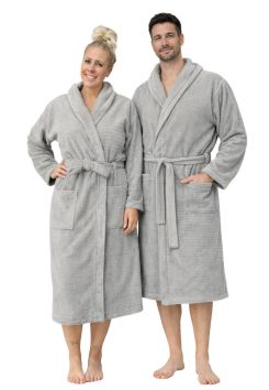 Velours katoenen badjas – reliëfpatroon ruit - lichtgrijs