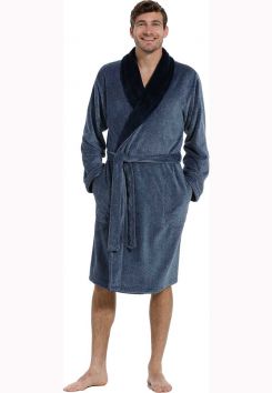 Fleece herenbadjas denimblauw