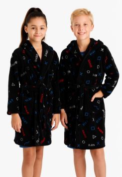 Zwarte fleece badjas voor jongens - Coole gameprint