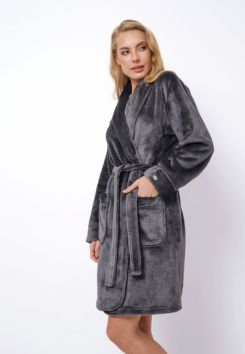 Korte damesbadjas grijs – fleece - Aruelle