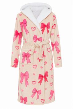 Elegante damesbadjas – Beige fleece met hartjes en strikjes