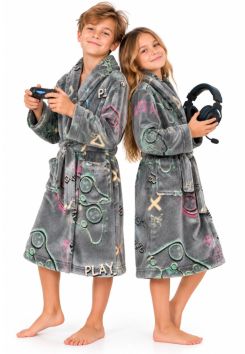 Grijze fleece badjas kind met lichtgevende gamingprint