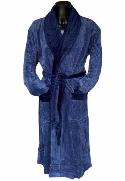 vandyck badjas heren velours katoen sauna sjaalkraag donkerblauw