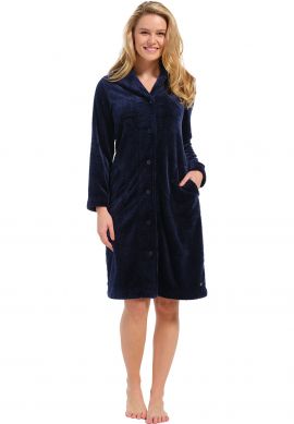 Donkerblauwe damesbadjas met knopen – trendy reliëf patroon – fleece - Pastunette