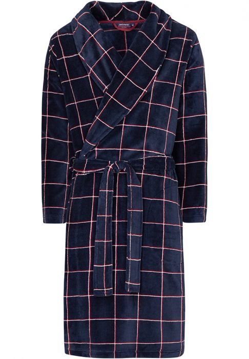 Zwarte herenbadjas met kroonborduring borst - capuchon - fleece