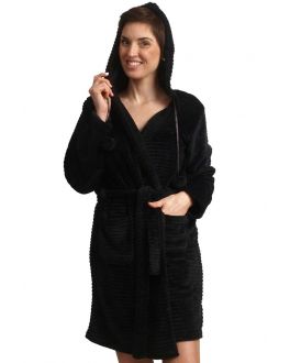 Zwarte damesbadjas met capuchon - fleece