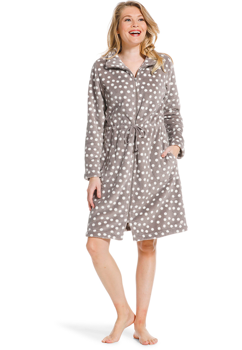 Rits badjas taupe met stippen - fleece-(36-38) S