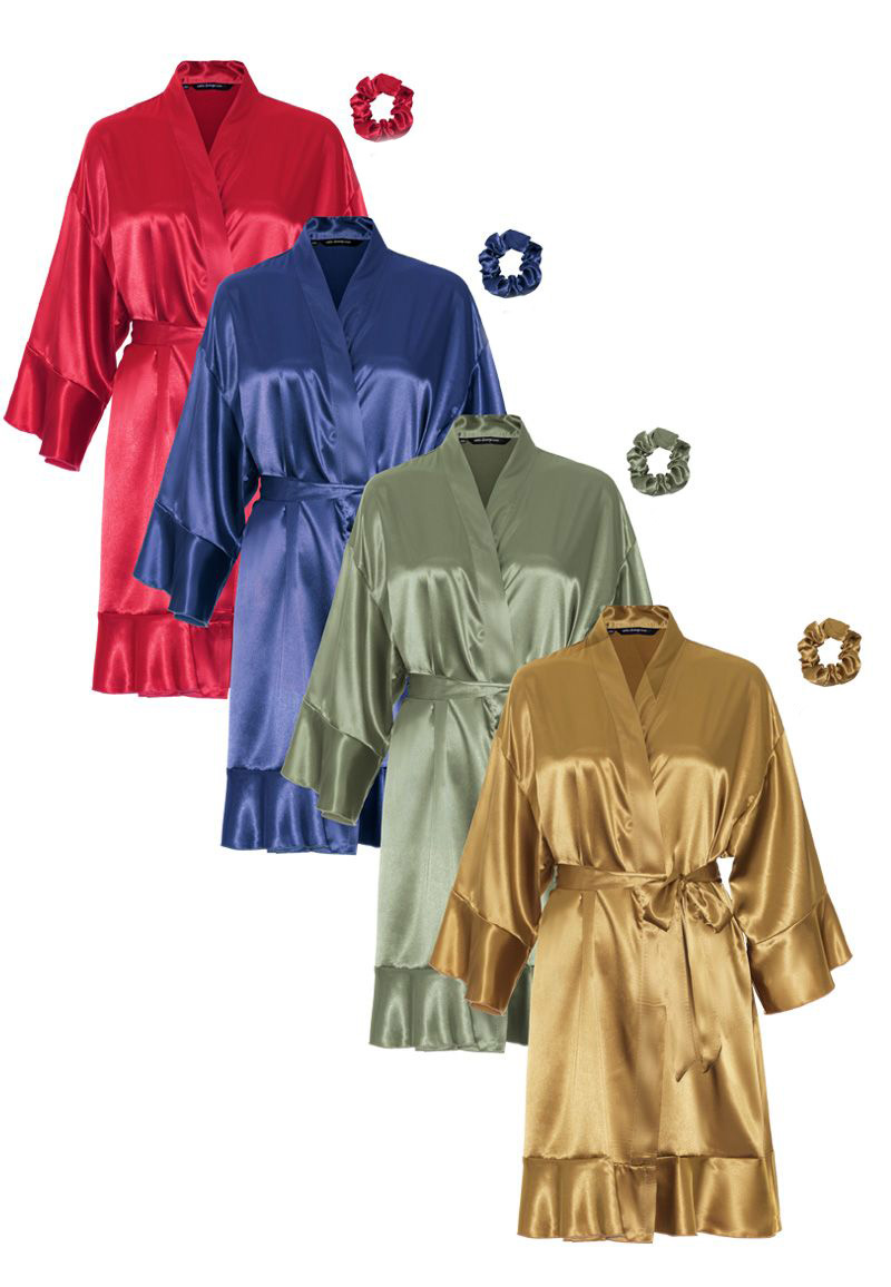 Satijnen kimono dames ruffle borduren - 4 kleuren-blauw
