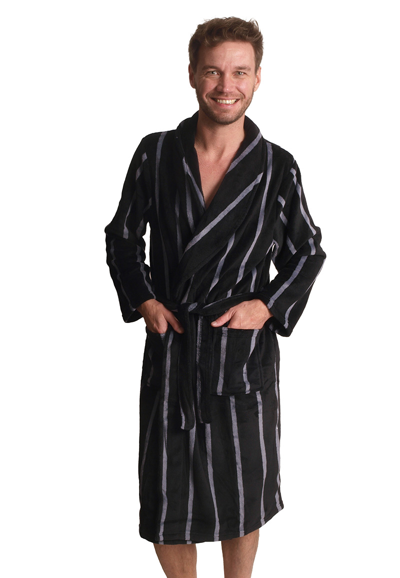 Zwarte heren badjas met streepmotief - fleece-2xl
